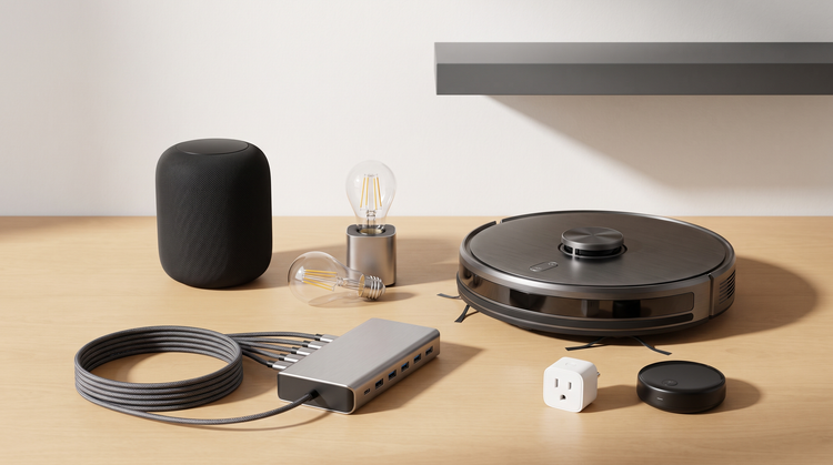 Smart home devices including a speaker, LED bulb, robot vacuum and charging station