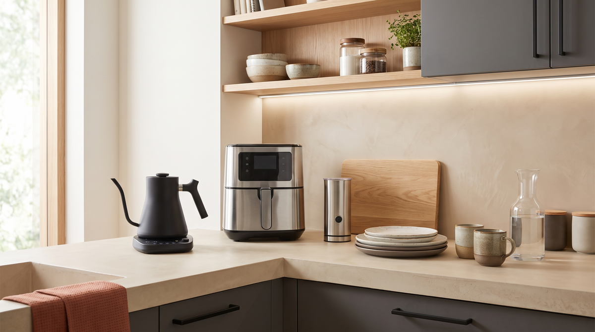 Kitchen counter with an electric kettle, air fryer, milk frother and ceramic tableware