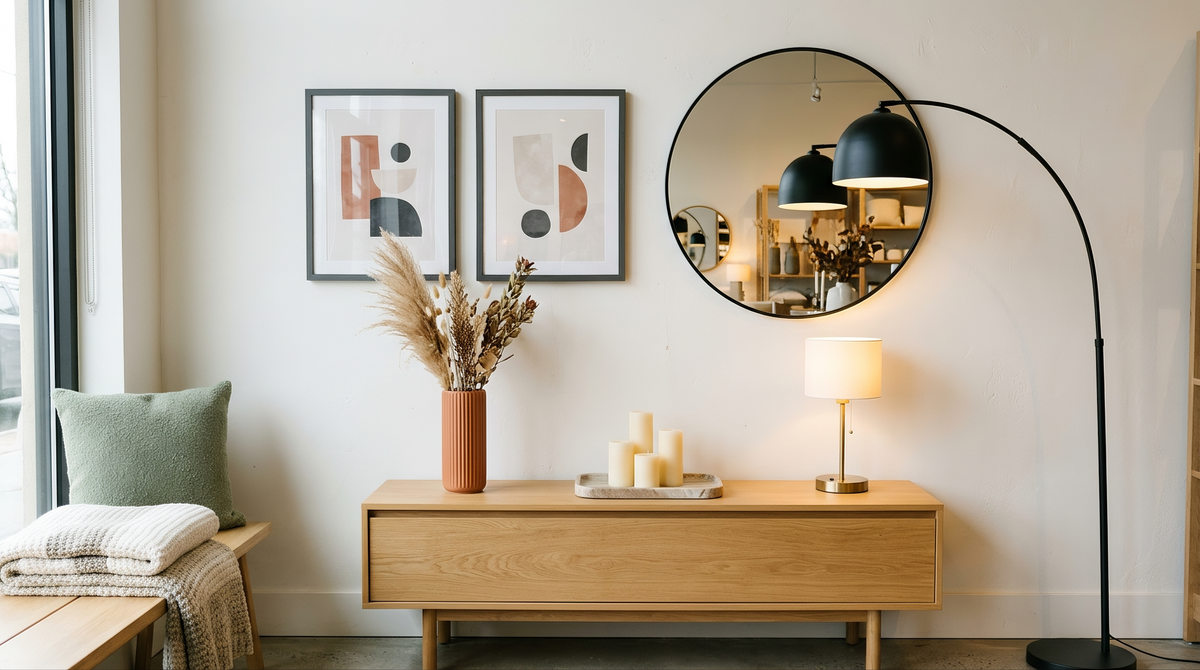 Living room wall styled with framed art, a mirror, a console table, vases, candles and a lamp