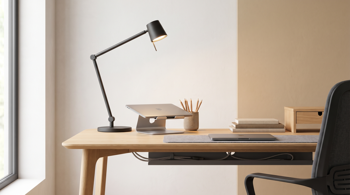 Oak desk with an LED desk lamp, laptop riser, cable tray, pen pot and notebooks