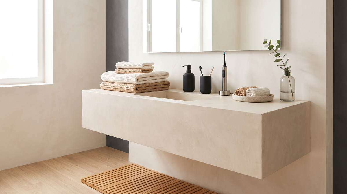 Modern bathroom vanity with folded waffle towels, matte black dispensers and an electric toothbrush