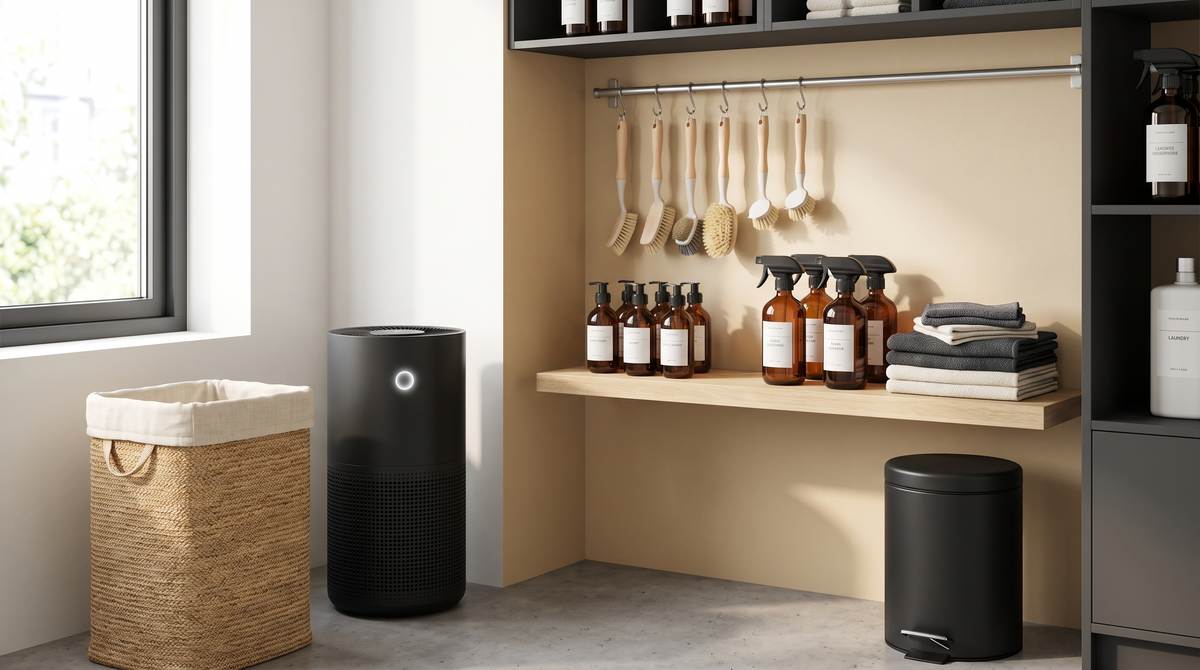 Utility corner with an air purifier, laundry hamper, cleaning brushes and a matte black bin