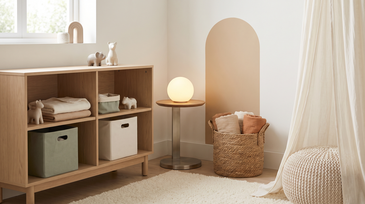 Nursery corner with an oak shelf, fabric storage bins, a warm night light and a woven basket