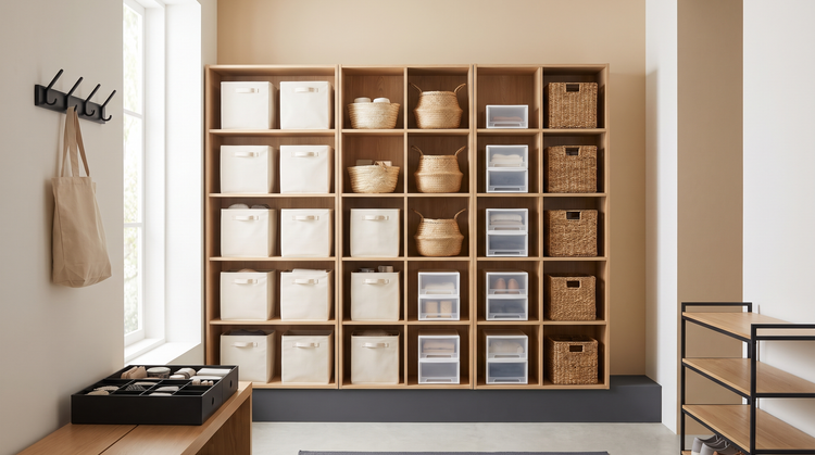 Oak shelving filled with matching fabric bins, woven baskets and stackable boxes