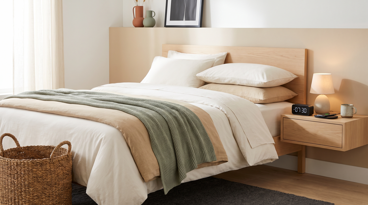Made bed in off-white bedding with a sage throw, oak nightstand, bedside lamp and alarm clock