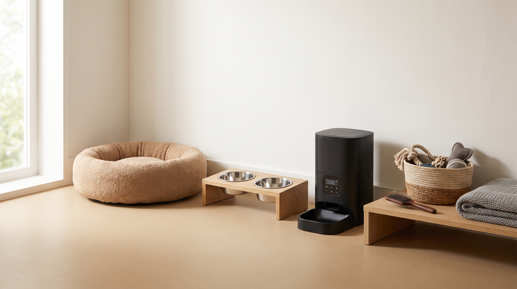 Pet corner with a boucle pet bed, oak feeding stand with steel bowls and an automatic feeder