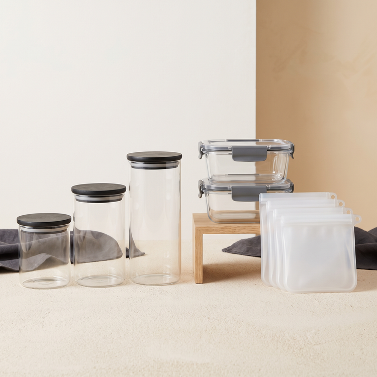 Glass storage jars with bamboo lids, stackable containers and a pantry riser