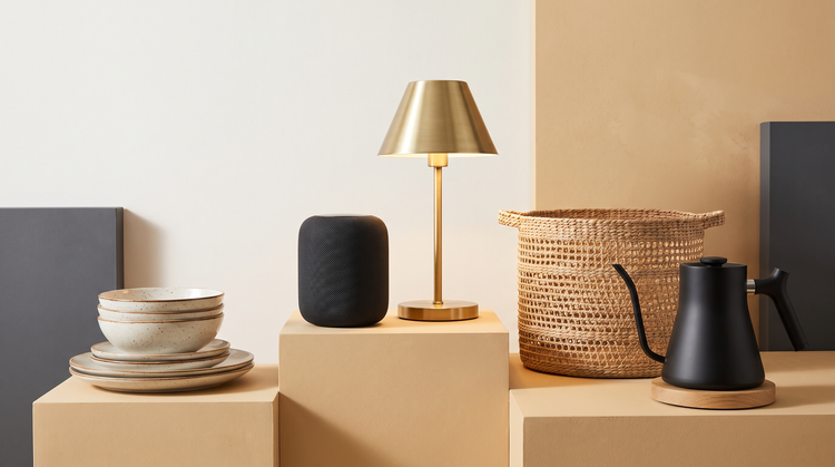 Popular home goods grouped together including a smart speaker, brass lamp, plates and kettle