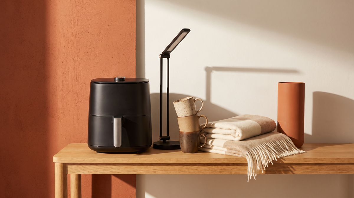 Home goods on a warm terracotta backdrop including a vase, desk lamp, mugs and air fryer