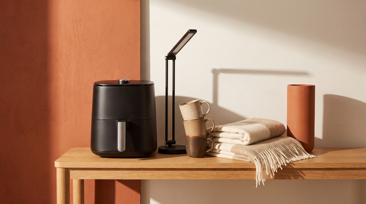Home goods on a warm terracotta backdrop including a vase, desk lamp, mugs and air fryer