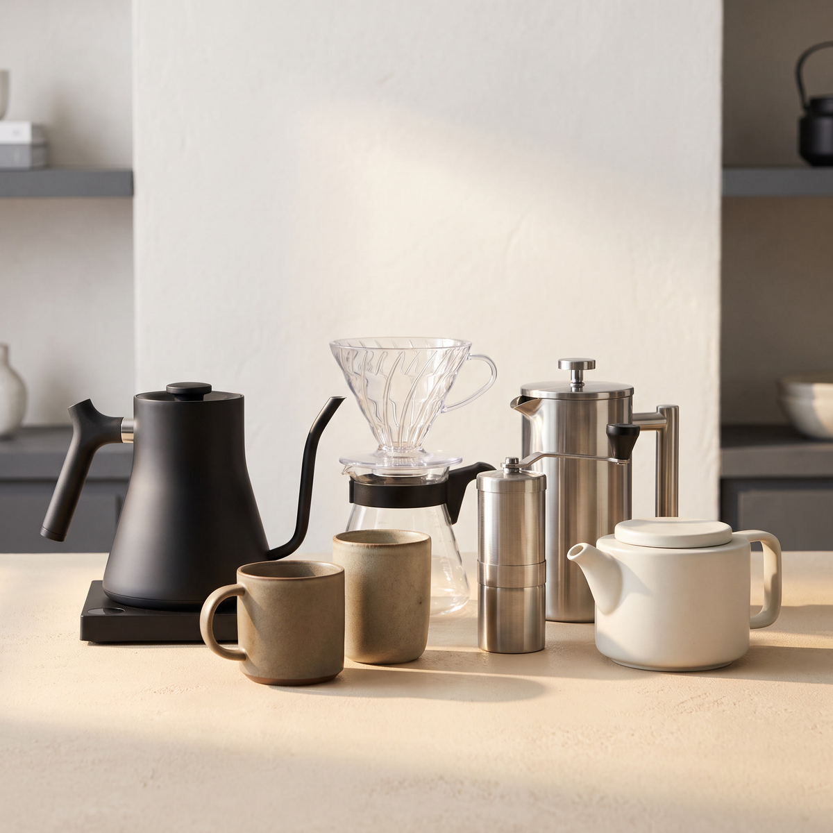 Coffee and tea gear with a gooseneck kettle, pour-over dripper, French press, grinder and mugs