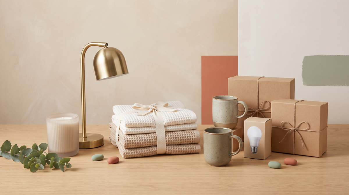 Giftable home goods with a ceramic candle, brass lamp, towel set and kraft gift boxes