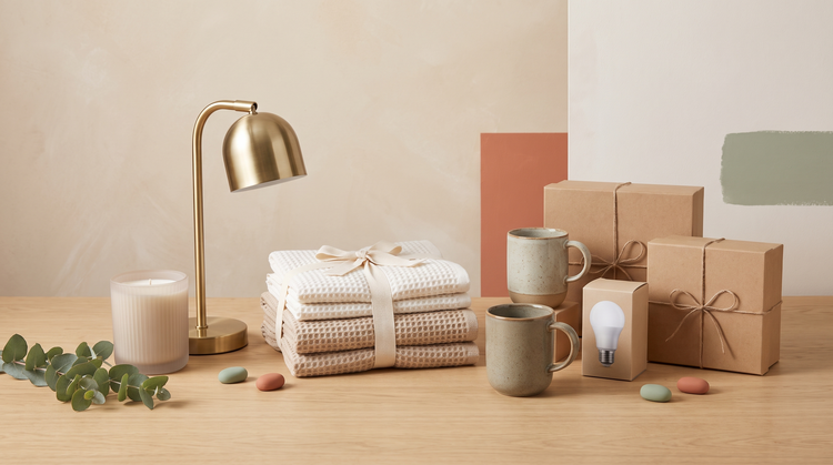 Giftable home goods with a ceramic candle, brass lamp, towel set and kraft gift boxes