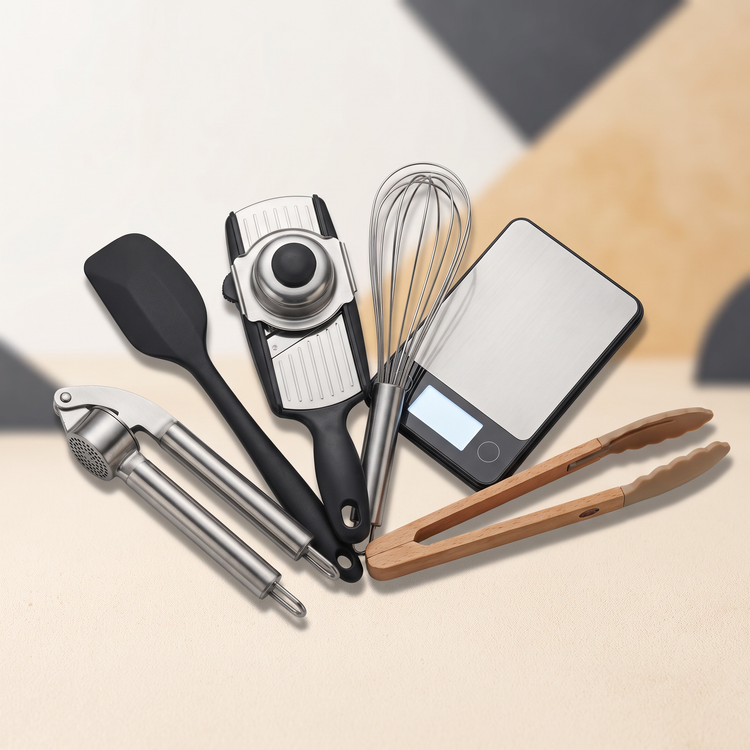 Kitchen tools including a garlic press, spatula, mandoline, whisk, digital scale and tongs