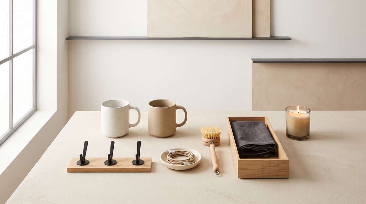 Affordable everyday home items including mugs, wall hooks, a charging cable and a brush