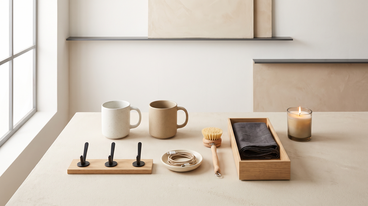 Affordable everyday home items including mugs, wall hooks, a charging cable and a brush