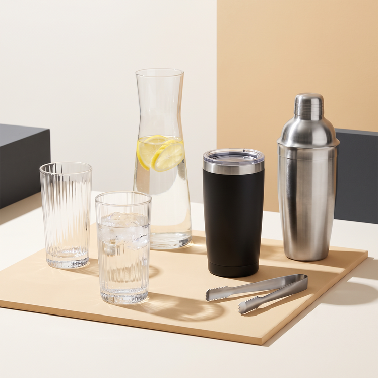 Drinkware group with ribbed highball glasses, a carafe, insulated tumbler and cocktail shaker