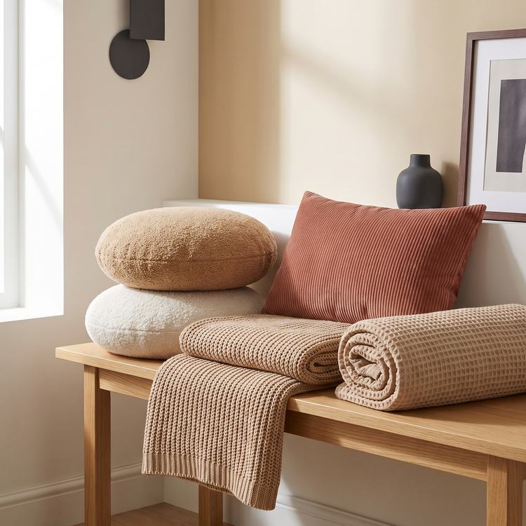 Stacked boucle and velvet cushions with a chunky knit throw and waffle blanket