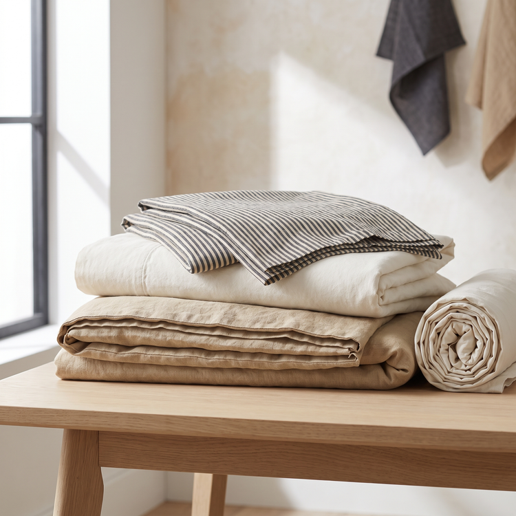 Folded stack of cotton sheets, a linen duvet cover and striped pillowcases
