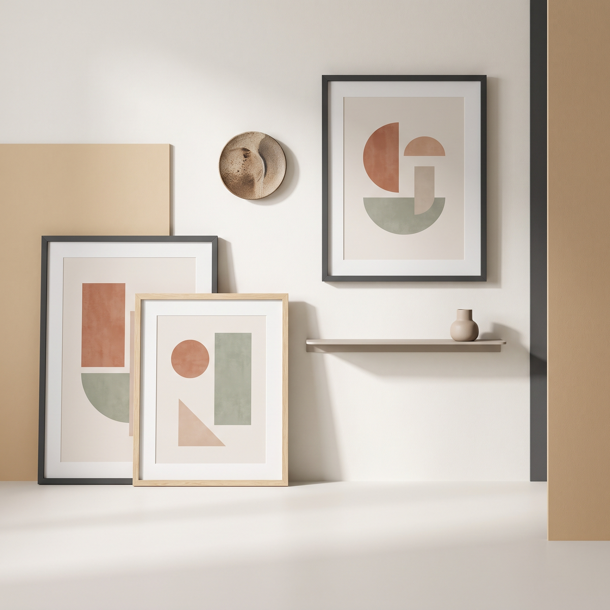 Framed abstract prints in charcoal and oak frames on an off-white wall