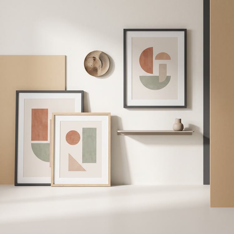 Framed abstract prints in charcoal and oak frames on an off-white wall