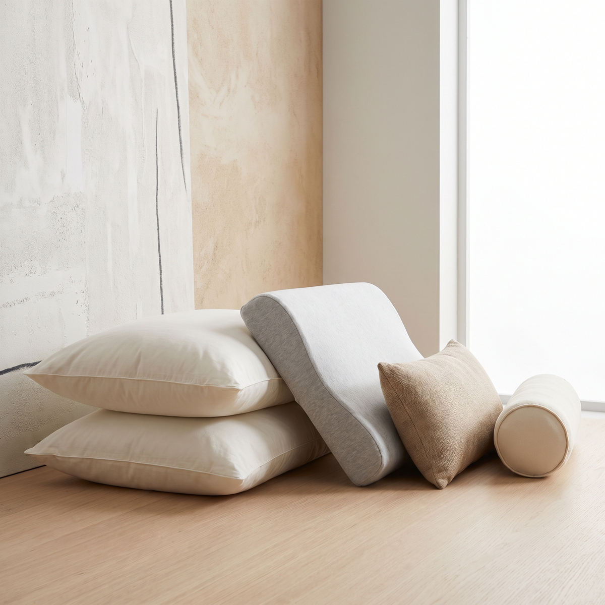Stacked bed pillows with a contoured memory foam pillow, lumbar cushion and bolster