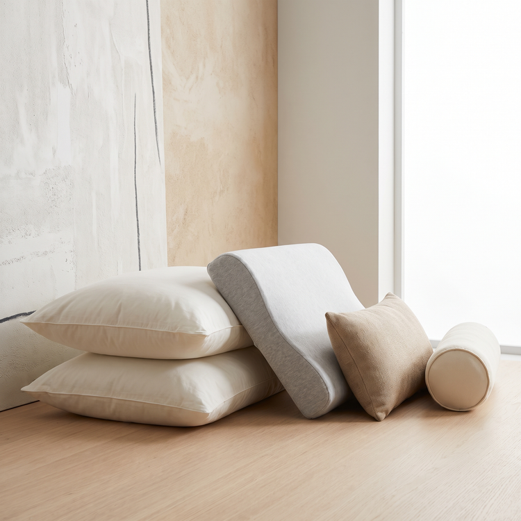 Stacked bed pillows with a contoured memory foam pillow, lumbar cushion and bolster