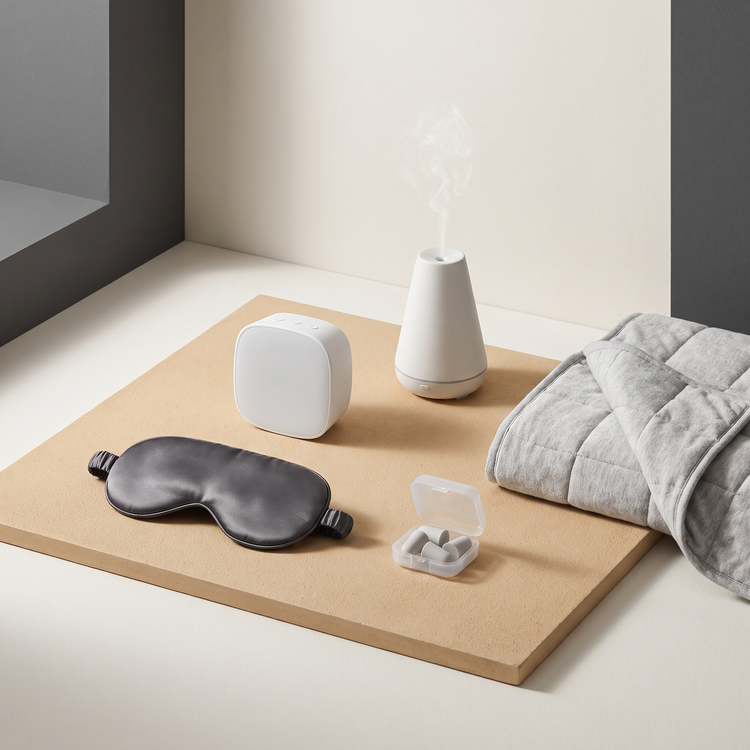 Silk sleep mask, sound machine, aroma diffuser, earplugs and a weighted blanket corner