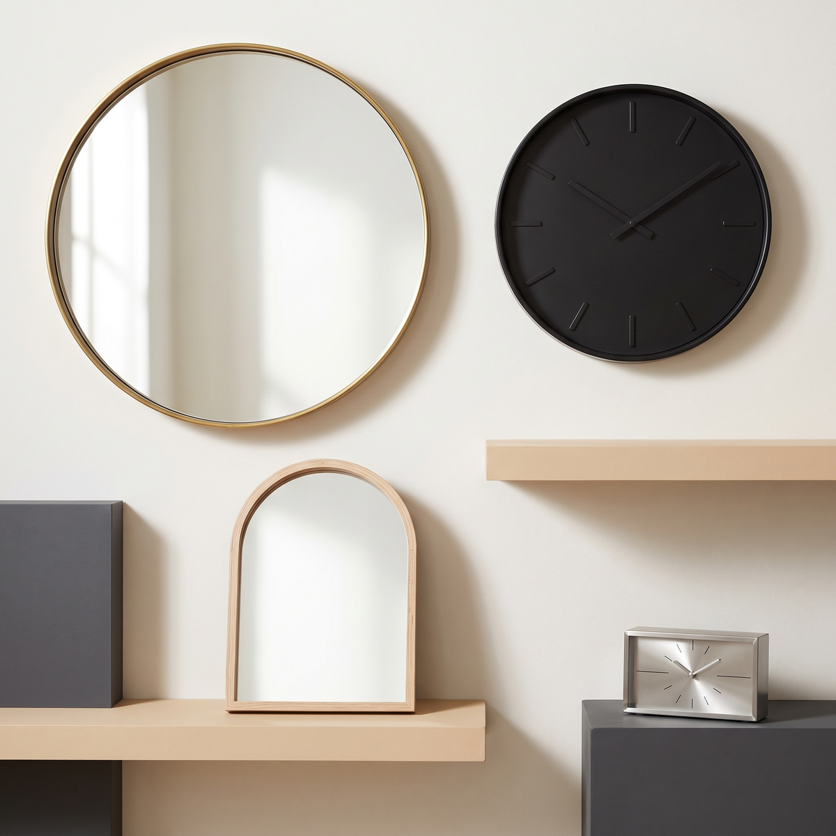 Round brass-rimmed mirror with a minimalist wall clock and an arched oak-framed mirror