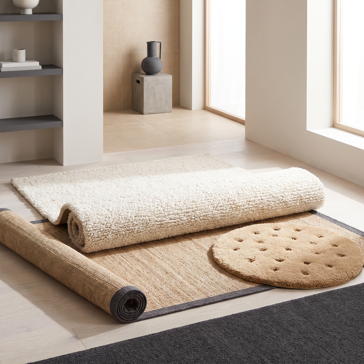 Layered wool, jute and tufted rugs showing their pile and weave on pale wood flooring