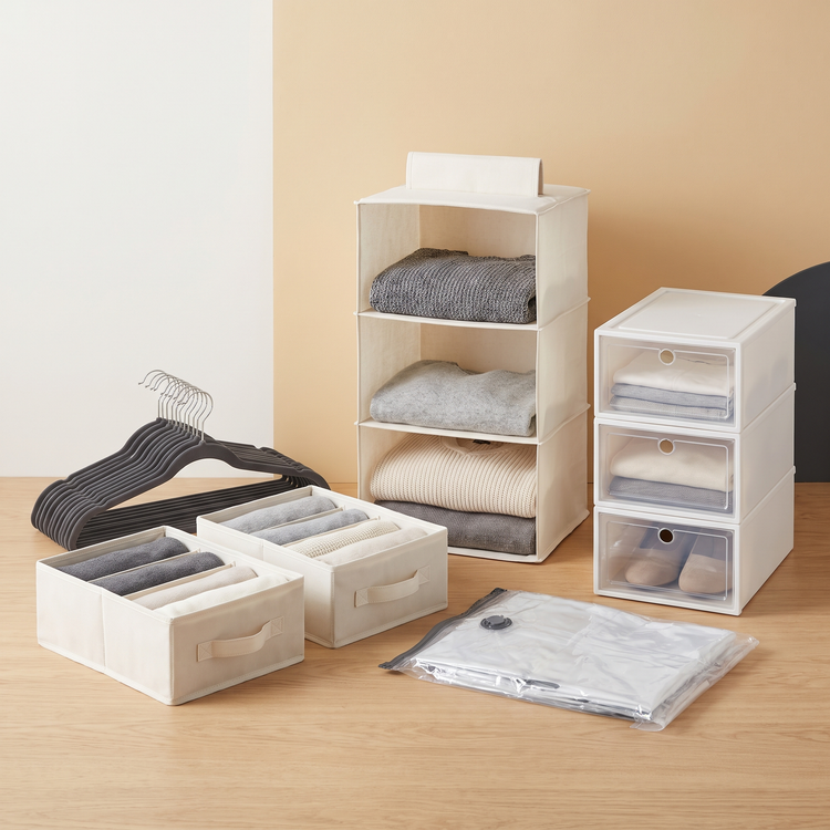 Slim velvet hangers, fabric drawer dividers, a hanging shelf organiser and vacuum bag