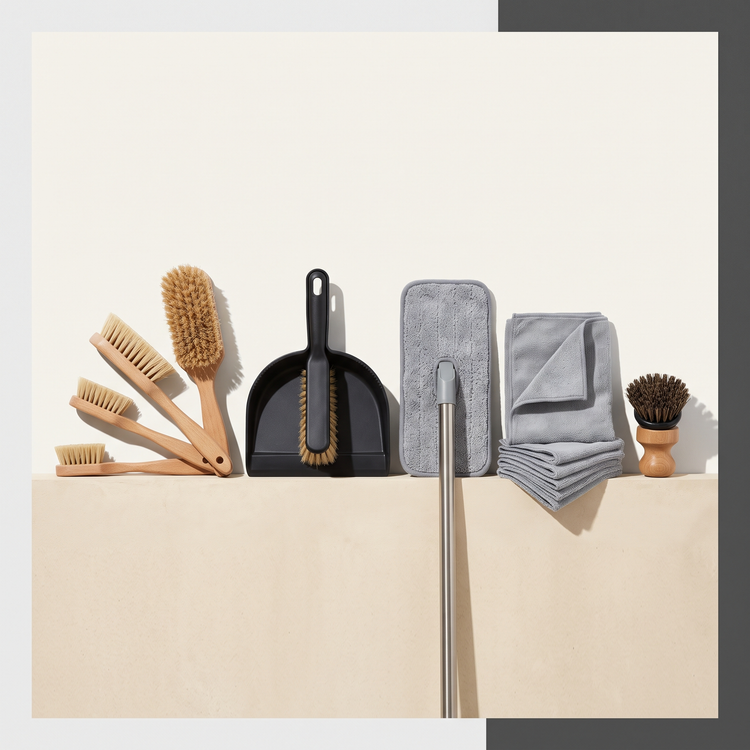 Beech-handled cleaning brushes, a dustpan set, microfibre mop and folded cloths
