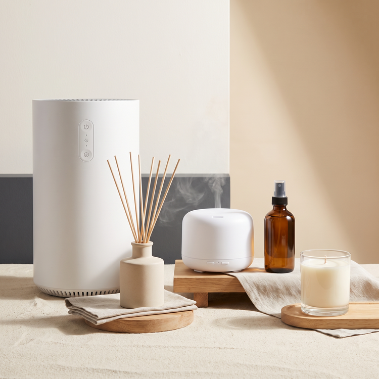 Air purifier with a reed diffuser, ultrasonic aroma diffuser, room spray and soy candle