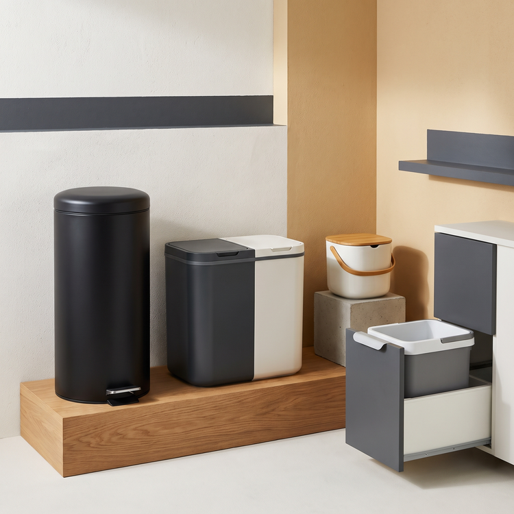 Matte black pedal bin with a dual-compartment recycling bin and countertop compost caddy