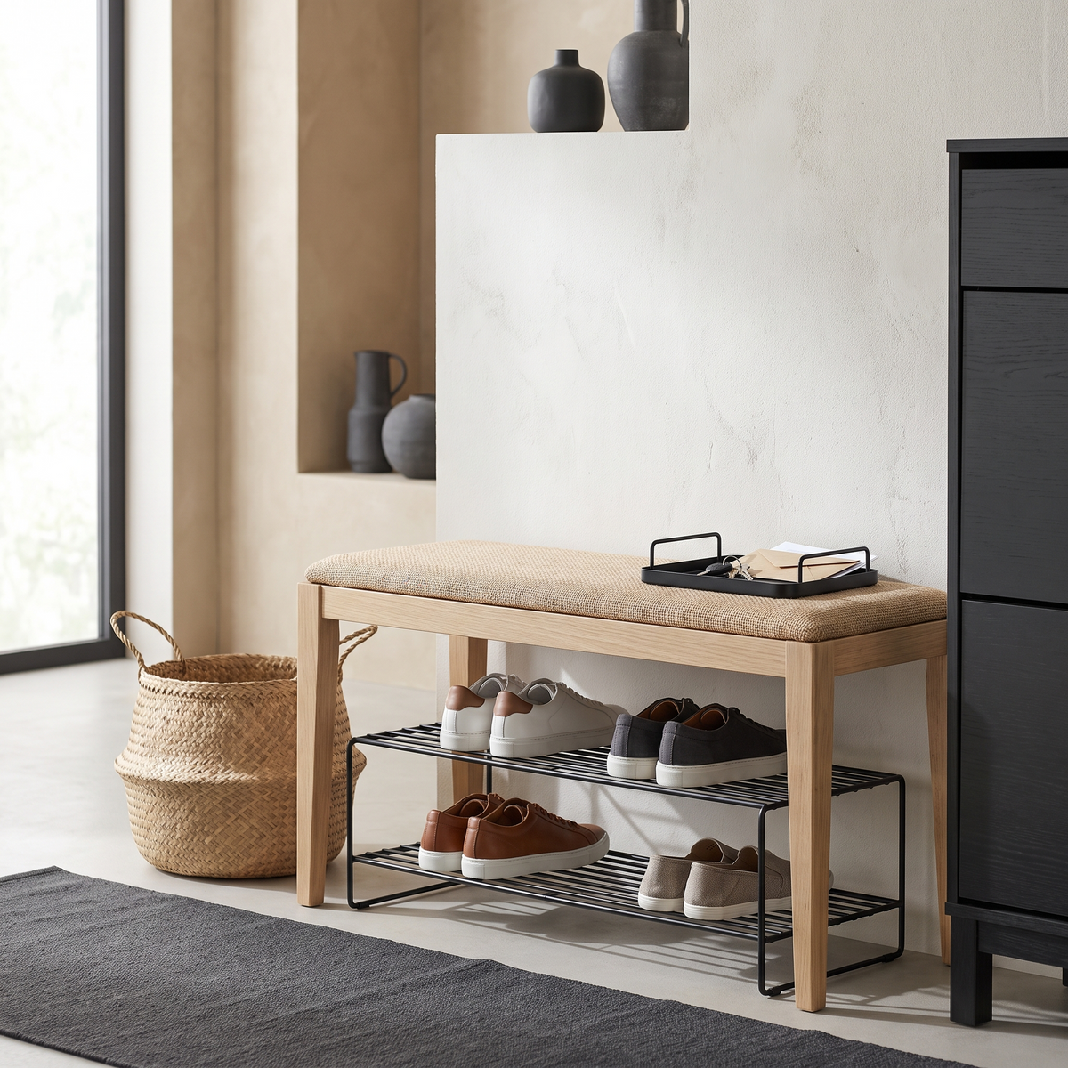 Entryway bench with a two-tier shoe rack, woven basket and a key and mail tray