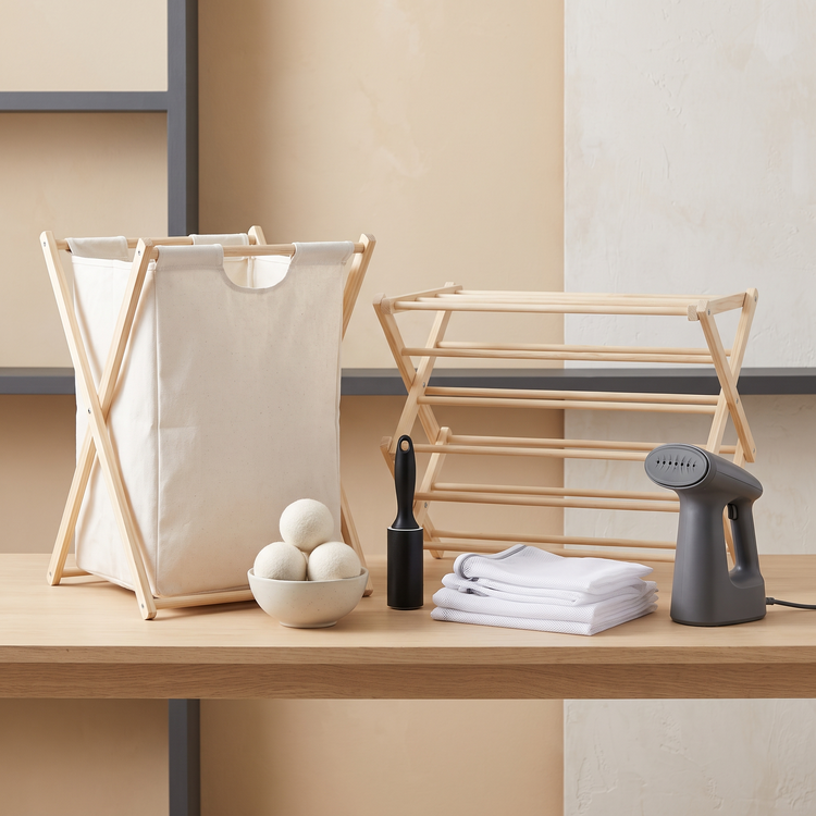 Laundry hamper, folding drying rack, wool dryer balls, lint roller and mesh wash bags
