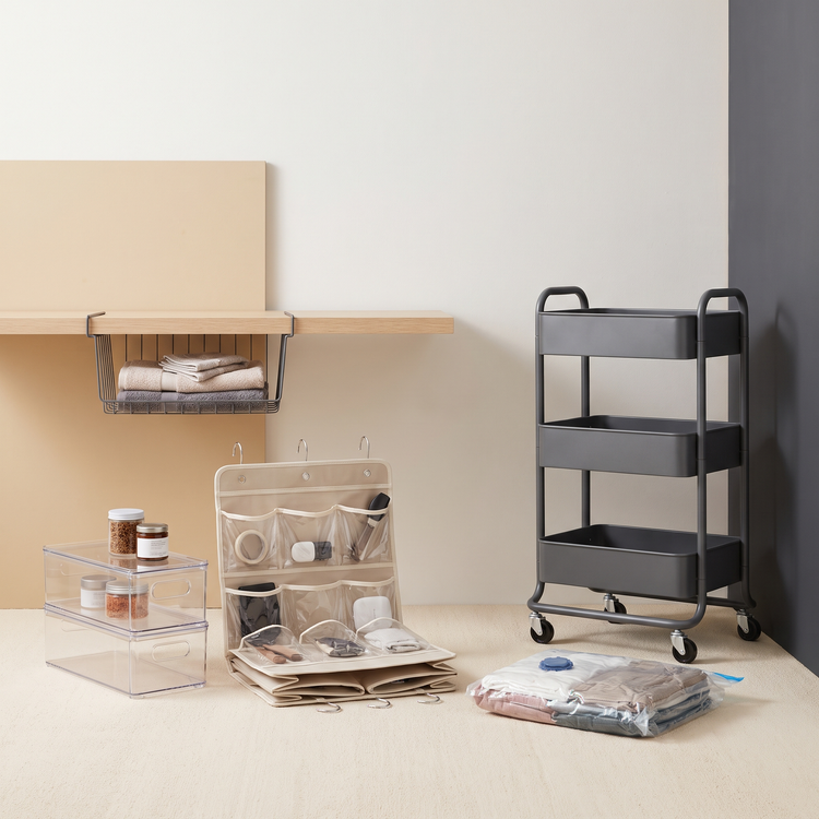 Shelf risers, an over-door organiser, compression bag, rolling cart and clip-on basket
