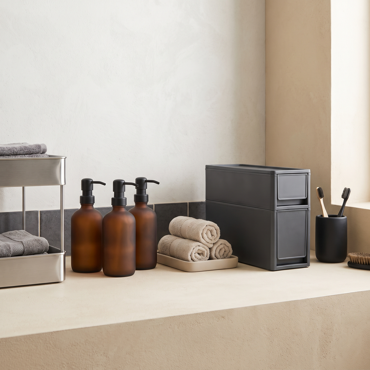 Bathroom vanity with a tiered organiser, amber pump bottles, tray and under-sink drawers