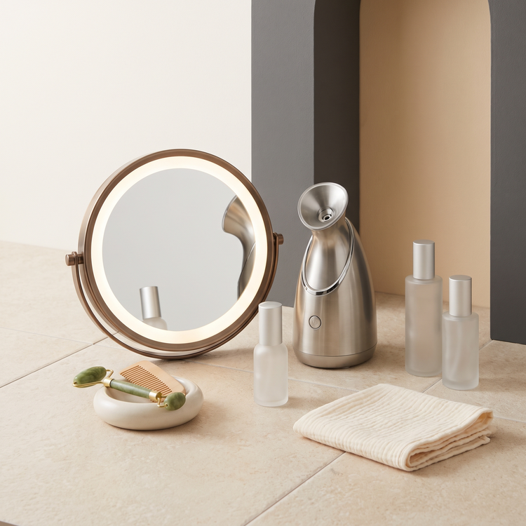 LED vanity mirror with a facial steamer, frosted bottles, jade roller and comb