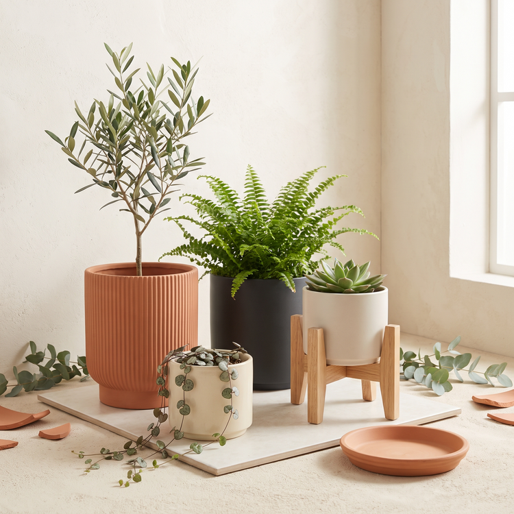 Terracotta and ceramic planters with an olive plant, fern and oak plant stand