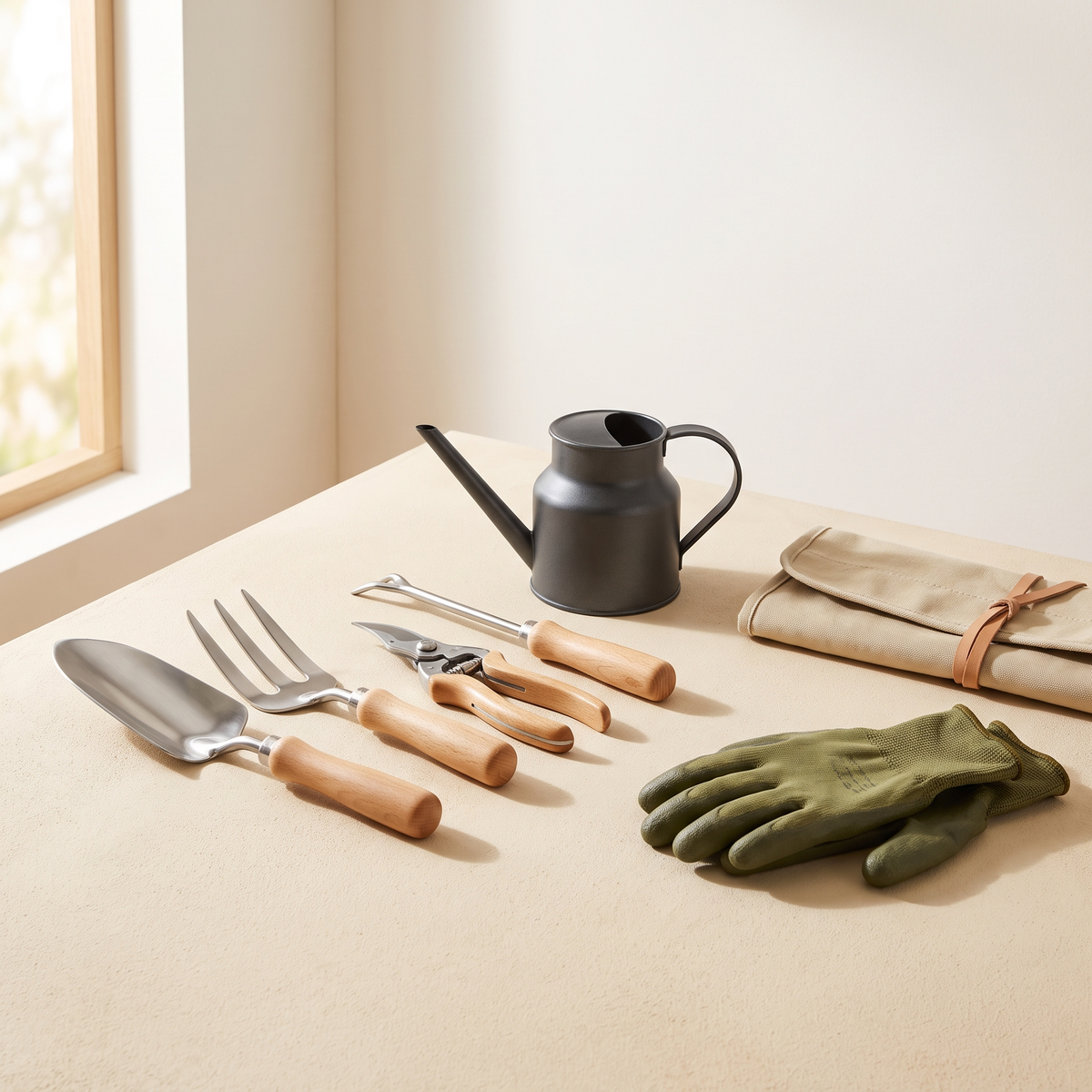 Stainless gardening tools with beech handles, pruners, watering can and gloves