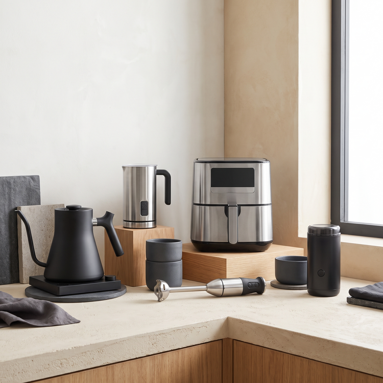 Air fryer, gooseneck electric kettle, milk frother, immersion blender and spice grinder