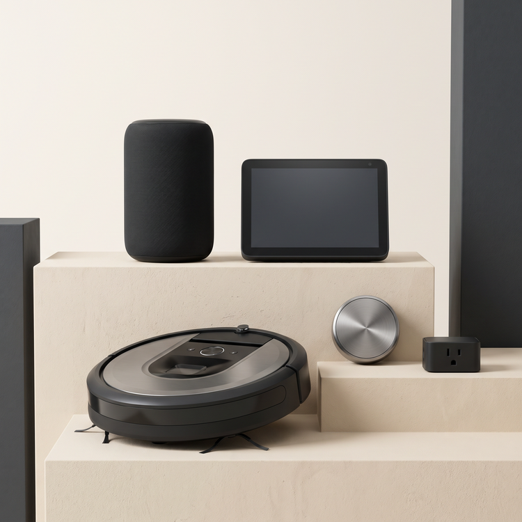 Smart speaker, smart display, robot vacuum, thermostat dial and smart plug
