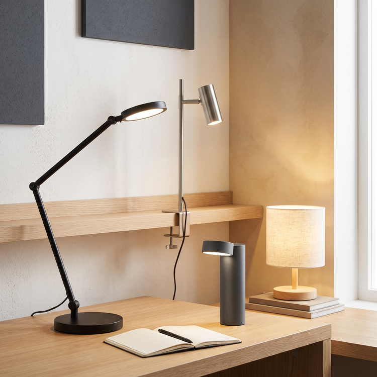Articulated LED desk lamp lit beside a clamp lamp, task light and reading lamp