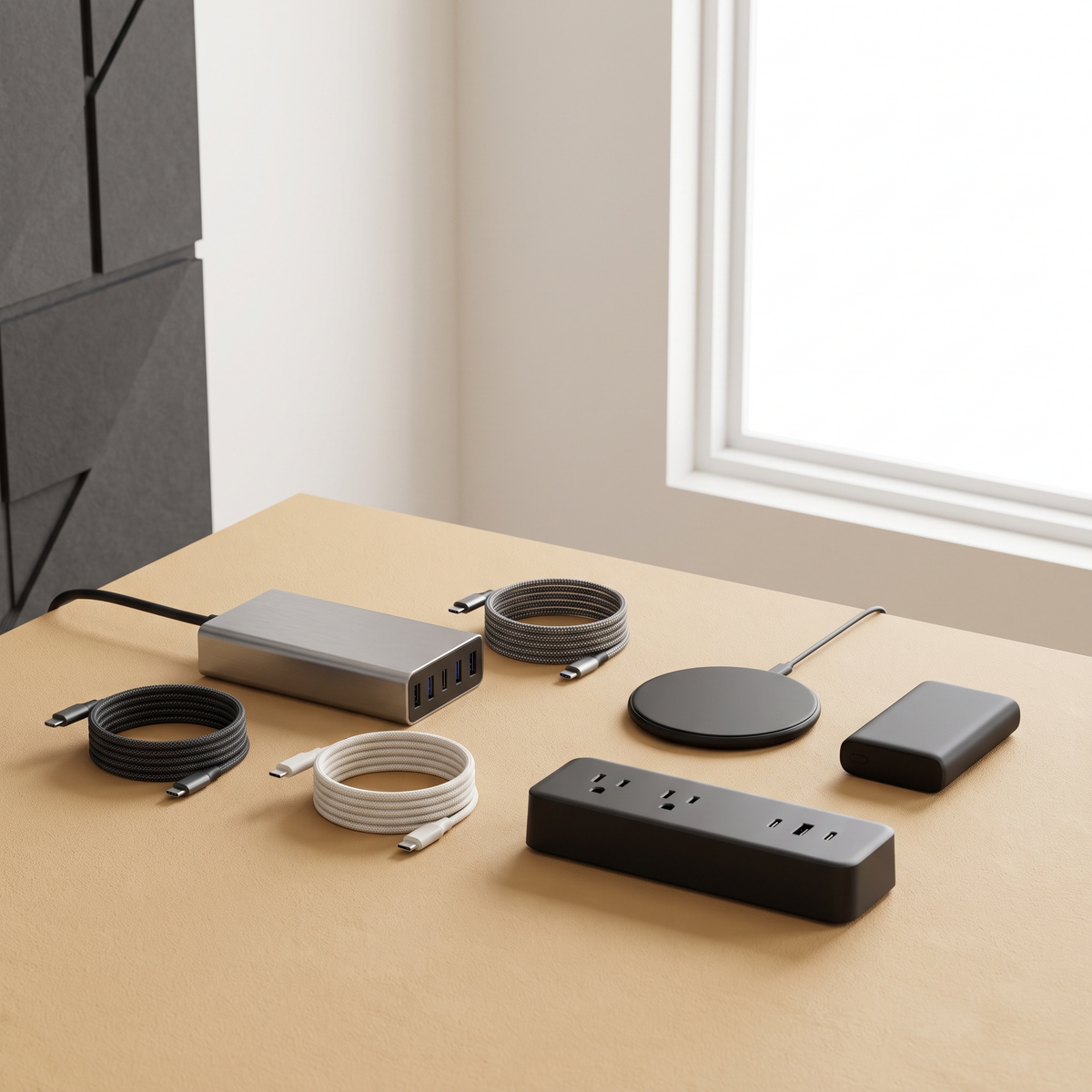 Multi-port charging station with coiled braided cables, wireless pad and power bank