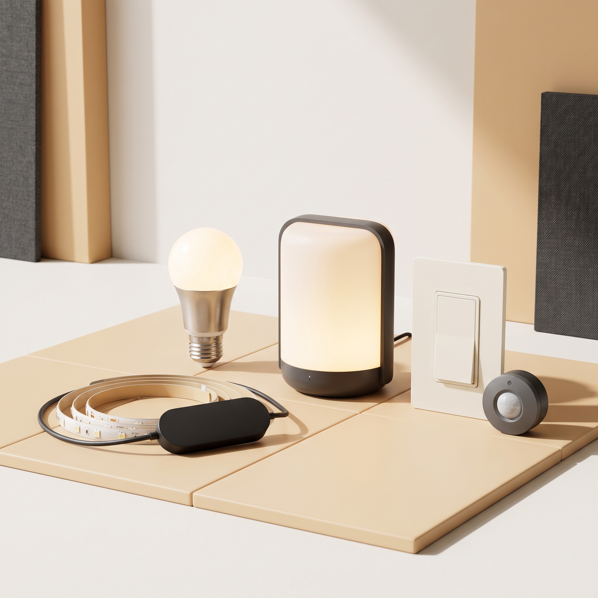 Smart bulb, coiled LED strip with controller, smart lamp, switch plate and motion sensor