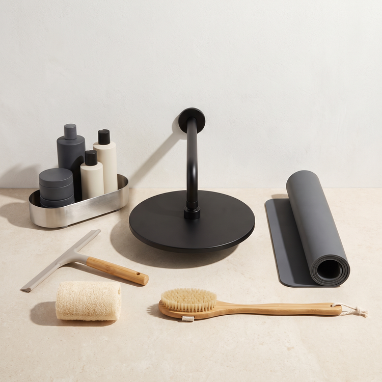 Rainfall shower head, brushed metal shower caddy, squeegee, loofah and bath brush