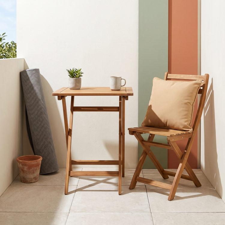 Folding teak bistro table and chair on a balcony with an outdoor cushion and rug