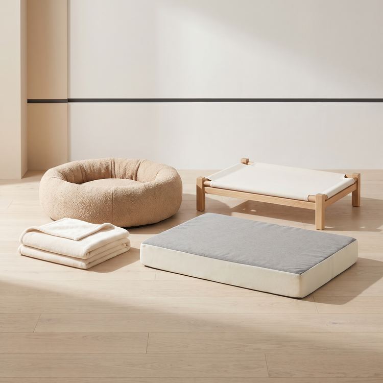 Boucle pet bed, memory foam pet mattress, elevated oak pet cot and folded pet blanket