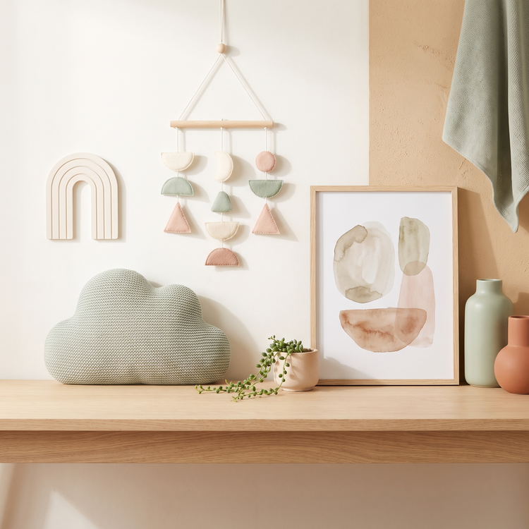 Nursery decor with a wooden wall shape, sage cloud cushion, felt mobile and framed print
